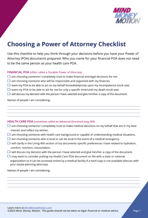 Choosing a Power of Attorney Checklist - Mind Money Motion
